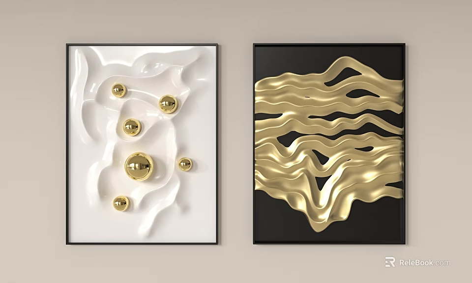 Modern Wall Decor With White Black Background Gold Wave Texture And Spheres 3d model