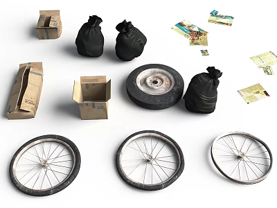 Cluttered Storage Scene With Cardboard Boxes Black Bags Wheels And Envelopes 3d model