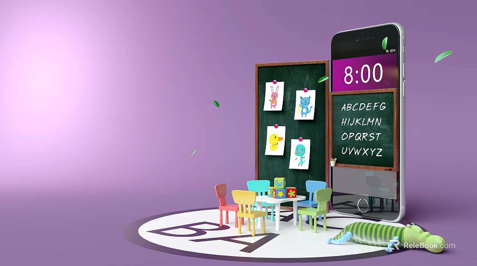 Kids Table with Colorful Chairs by Blackboard and Kid's Artwork Alphabet Letters Caterpillar Toy 3d model 