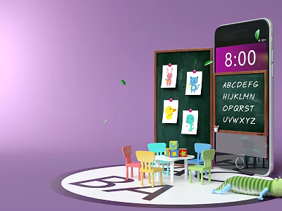 Kids Table with Colorful Chairs by Blackboard and Kid's Artwork Alphabet Letters Caterpillar Toy 3d model