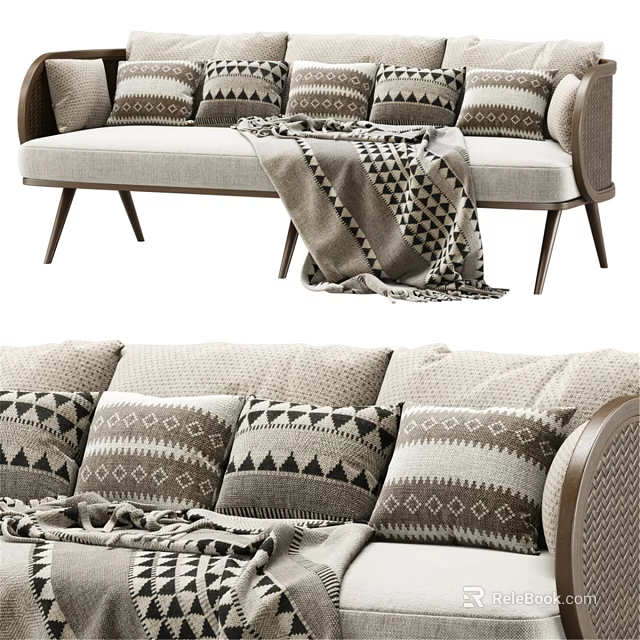 Modern Two Seater Sofa With Geometric Pattern Pillows Cozy Blanket And Wooden Legs 3d model 