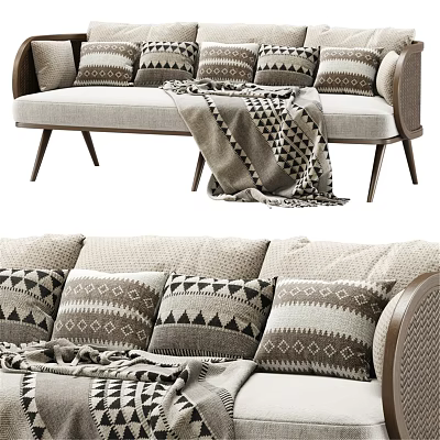 Modern Two Seater Sofa With Geometric Pattern Pillows Cozy Blanket And Wooden Legs 3d model