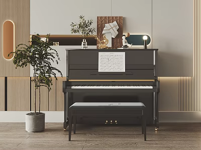Modern Interior With Black Piano Bench Sheet Music Drawing Board And Art Supplies 3d model