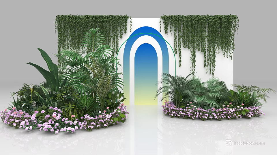 Floral Art Installation Featuring Lush Green Plants Hanging Vines Purple Flowers and White Archway Backdrop 3d model 