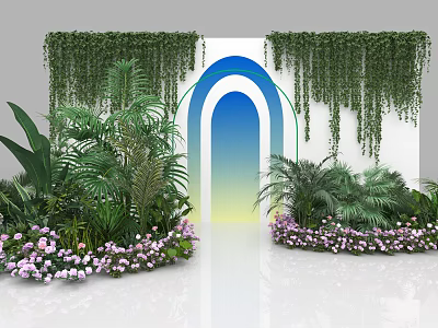 Floral Art Installation Featuring Lush Green Plants Hanging Vines Purple Flowers and White Archway Backdrop 3d model