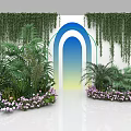 Floral Art Installation Featuring Lush Green Plants Hanging Vines Purple Flowers and White Archway Backdrop
