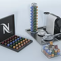 Efficient Kitchen Appliances With Capsule Coffee Machine Storage Rack And Colorful Capsules 3d model