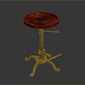 Rustic Wooden Stool With Round Seat And Adjustable Metal Curved Legs Base