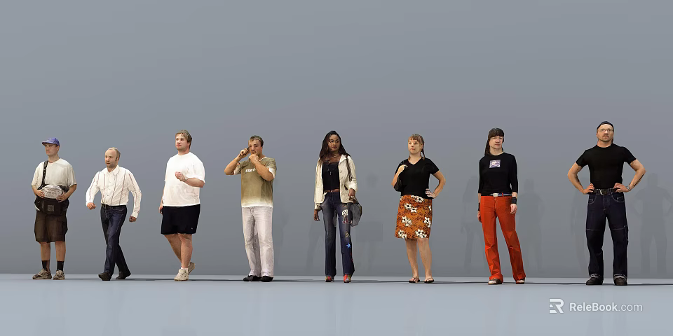 Group of Diverse People Standing Together With Various Outfits Different Poses And Gray Background 3d model 