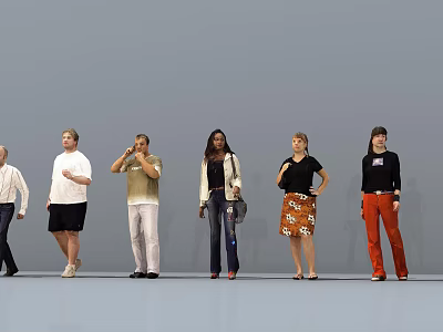 Group of Diverse People Standing Together With Various Outfits Different Poses And Gray Background 3d model