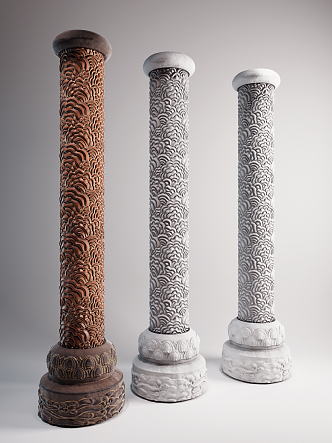 Chinese style pillar Xiangyun solid wood pillar 3d model