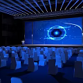 Modern Conference Hall Setup Featuring Blue Lighting Large Screen Eye Graphic And Seats