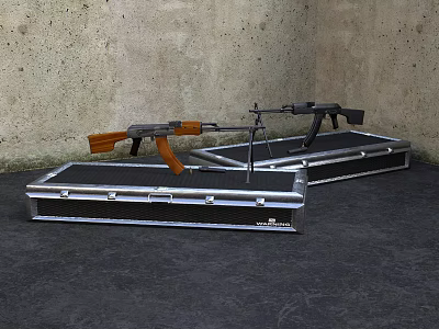 Military Weapons Including Assault Rifles Placed On Metal Storage Cases Against Rough Wall 3d model