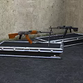 Military Weapons Including Assault Rifles Placed On Metal Storage Cases Against Rough Wall