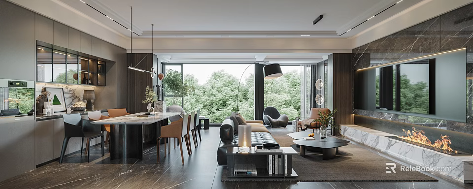 Modern Living Dining Room Interior With Open Layout Floor to Ceiling Windows and Green Plants 3d model 