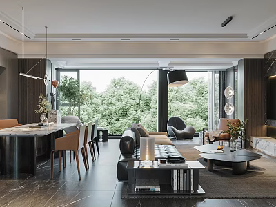 Modern Living Dining Room Interior With Open Layout Floor to Ceiling Windows and Green Plants 3d model