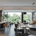 Modern Living Dining Room Interior With Open Layout Floor to Ceiling Windows and Green Plants