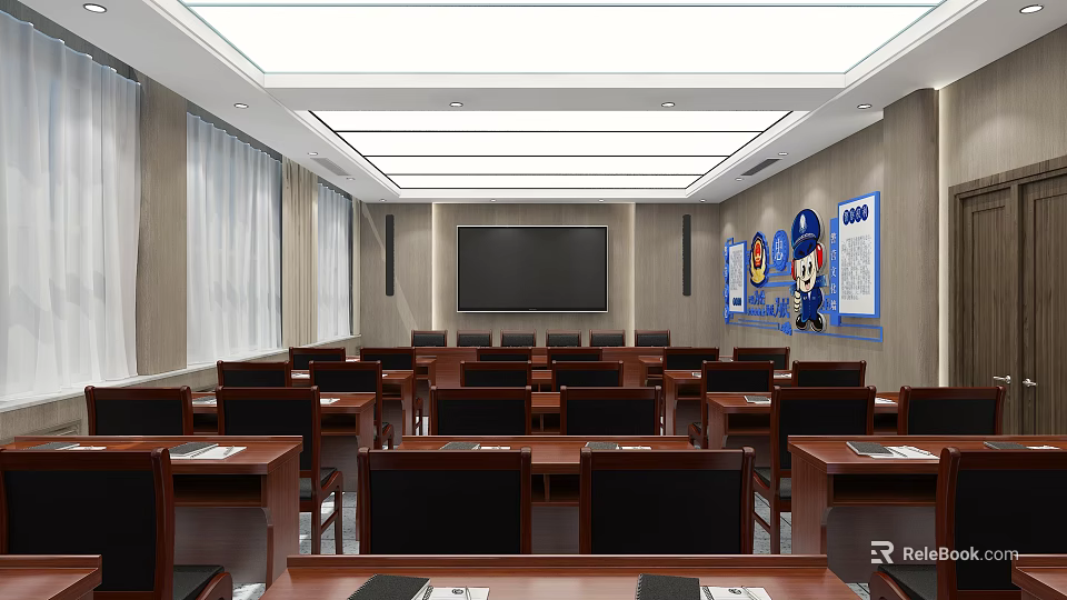 Modern Meeting Room Interior With Rows Of Desks Black Chairs Large Screen And Wall Decorations 3d model 