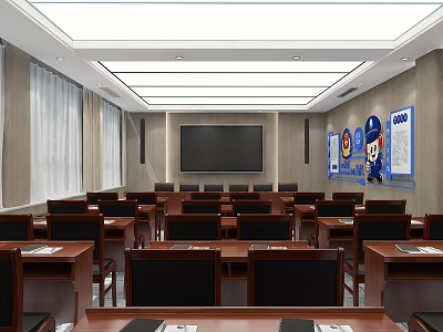 Modern Meeting Room Interior With Rows Of Desks Black Chairs Large Screen And Wall Decorations 3d model
