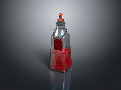 Transparent Glass Bottle With Red Liquid And Orange Cap For Daily Household Use 3d model