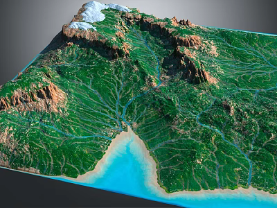 3D Natural Garden Landscape With Snow Capped Mountains Rivers And Coastal Beach 3d model