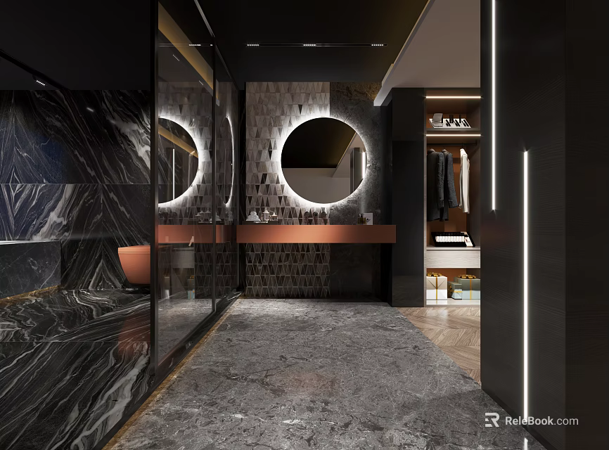 Modern Luxury Bathroom Interior Design With Black Marble Walls Round Mirrors And Brown Countertop 3d model 