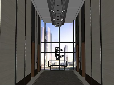 Modern Elevator Hallway With Large Windows And City View Bright Interior Design 3d model