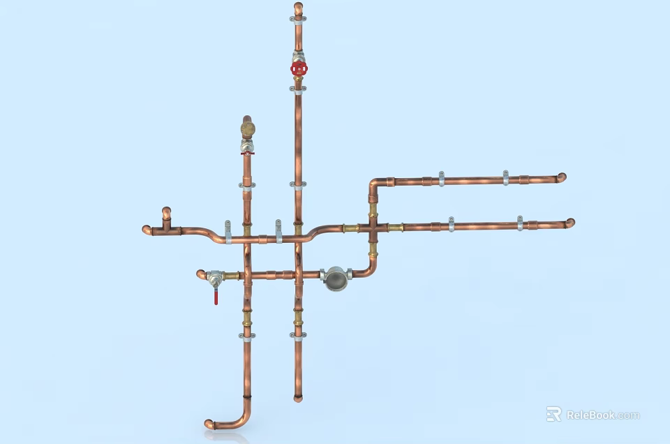Copper Pipes Plumbing System With Valves Connectors And Layout Design Components 3d model 