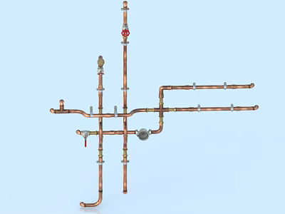 Copper Pipes Plumbing System With Valves Connectors And Layout Design Components 3d model