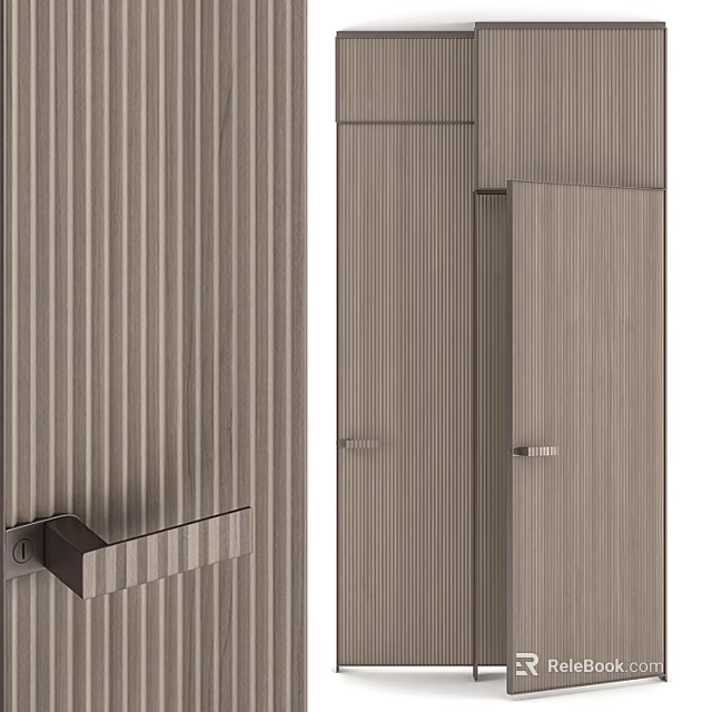 Modern Swing Door With Vertical Wooden Stripes And Sleek Metal Handle Design 3d model 
