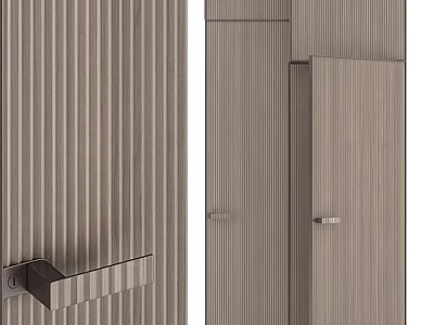 Modern Swing Door With Vertical Wooden Stripes And Sleek Metal Handle Design 3d model