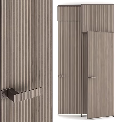 Modern Swing Door With Vertical Wooden Stripes And Sleek Metal Handle Design 3d model