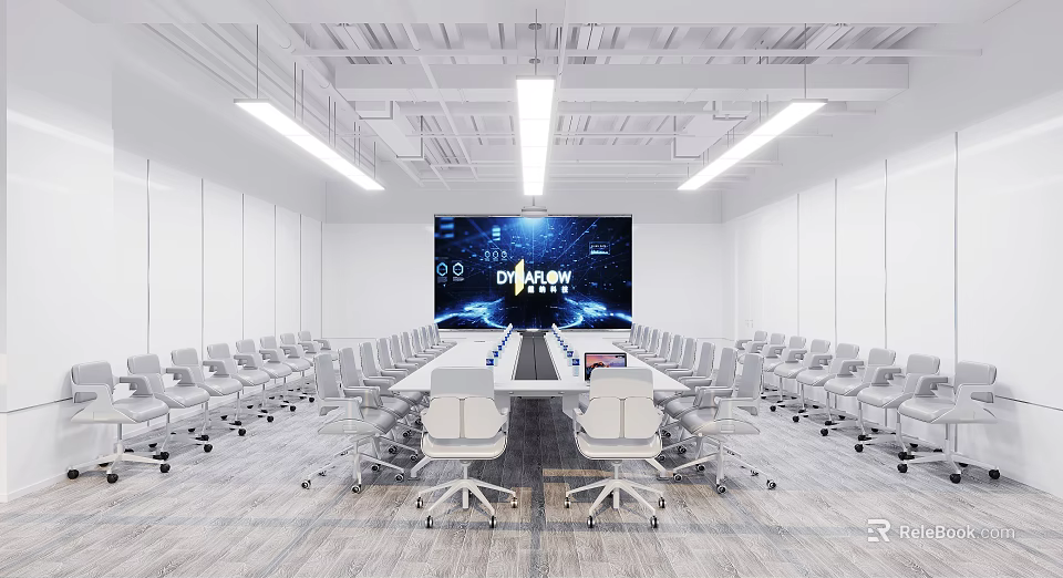Modern Conference Room Interior With Long Table White Chairs Large Screen And Ceiling Lights 3d model 
