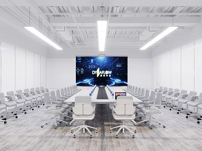 Modern Conference Room Interior With Long Table White Chairs Large Screen And Ceiling Lights 3d model
