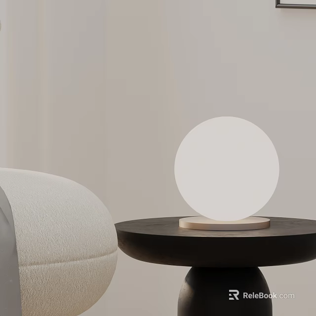 Minimalist Round Table Lamp on Black Wooden Desk with Beige Cushion 3d model 