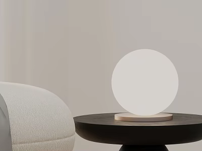 Minimalist Round Table Lamp on Black Wooden Desk with Beige Cushion 3d model