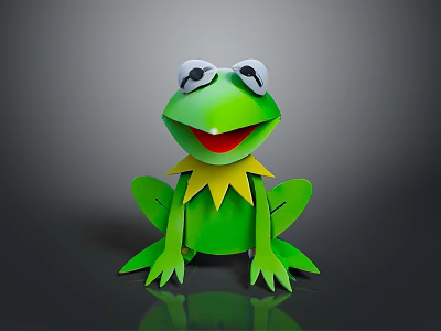 Cute Green Reptile Toy With Big Eyes Red Mouth And Yellow Collar On Black Surface 3d model