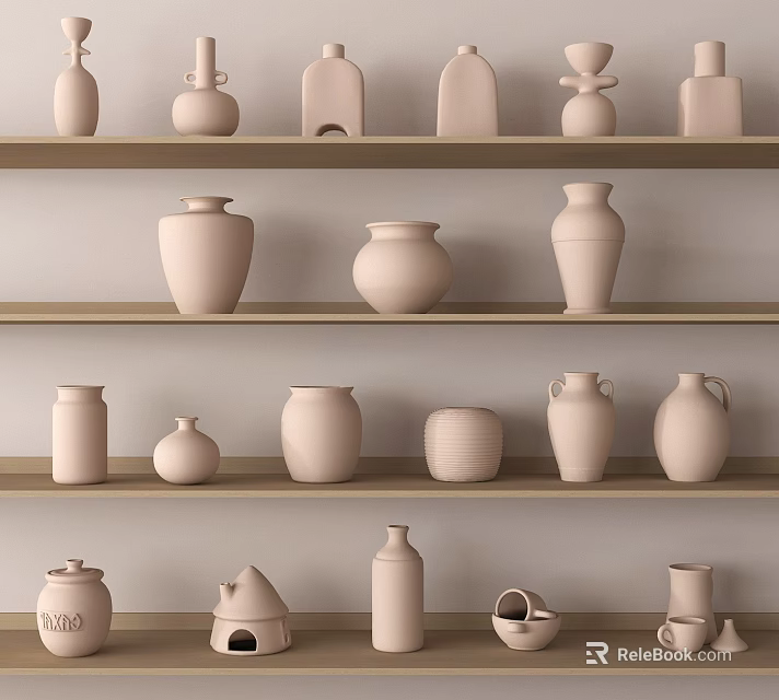 Ceramic Vessels of Various Shapes Displayed on Wooden Shelves with Neutral Tones 3d model 