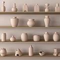 Ceramic Vessels of Various Shapes Displayed on Wooden Shelves with Neutral Tones