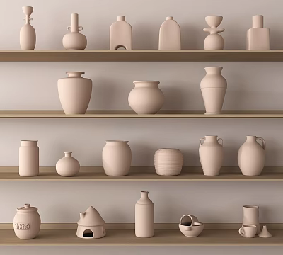 Ceramic Vessels of Various Shapes Displayed on Wooden Shelves with Neutral Tones 3d model