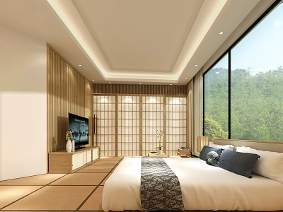 Minimalist Hotel Room With Large Bed Wooden Lattice Screens TV And Mountain View 3d model