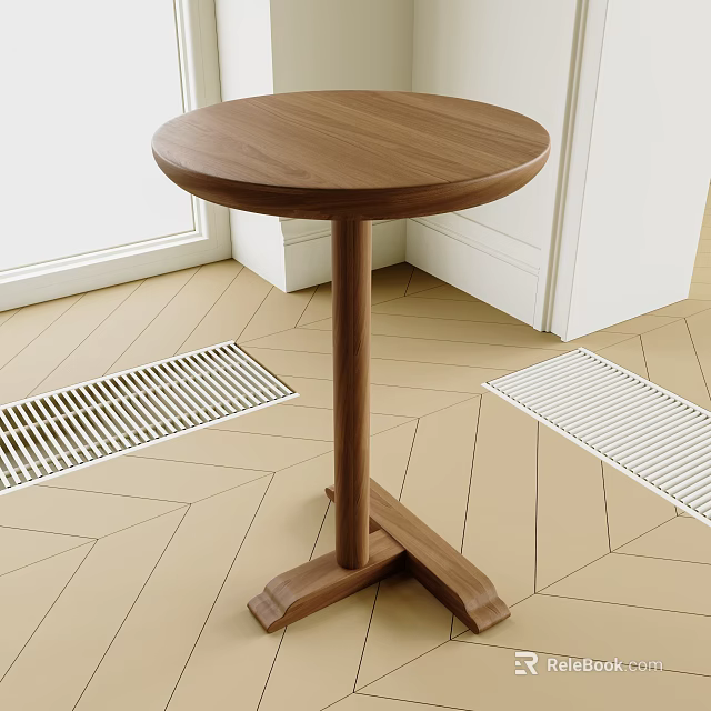 Round Wooden Side Table in Room with Geometric Floor White Door Frame and Metal Grille 3d model 