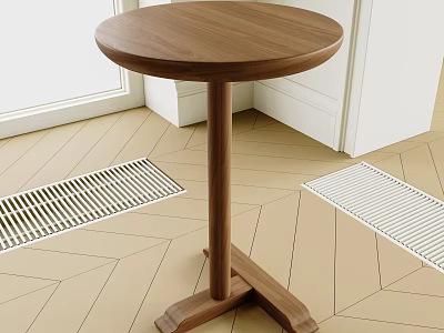 Round Wooden Side Table in Room with Geometric Floor White Door Frame and Metal Grille 3d model