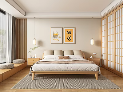 Minimalist Modern Bedroom Interior With Wooden Bed Frame Decorative Paintings Lattice Doors And Soft Carpet 3d model