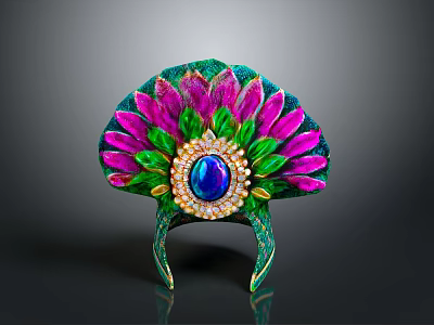 Decorative Green Pink Feather Shaped Household Ornament With Central Blue Gemstone And Golden Accents 3d model