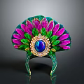 Decorative Green Pink Feather Shaped Household Ornament With Central Blue Gemstone And Golden Accents
