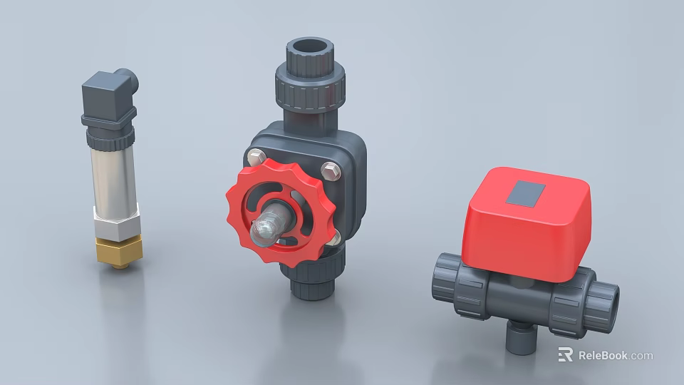 Industrial Equipment Featuring Red Black Valves With Control Knobs And Components 3d model 