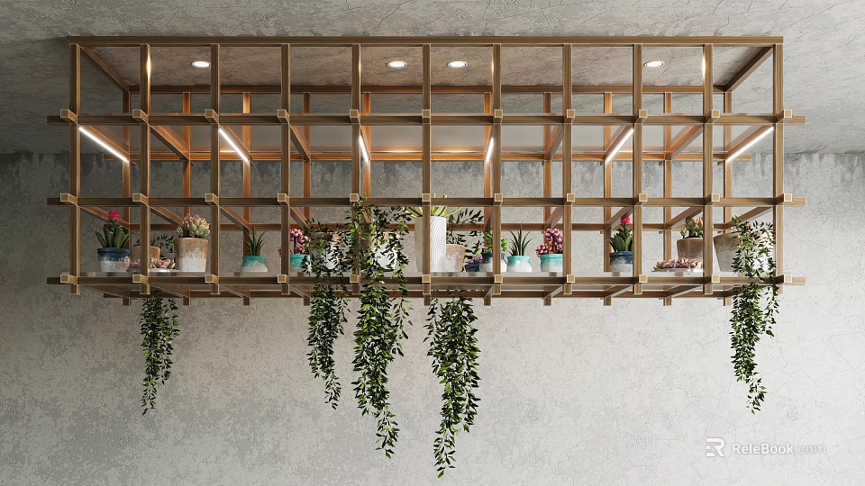 Garden Decor With Wooden Frame Flower Pots Hanging Green Plants Gray Wall And Top Lighting 3d model 
