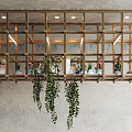 Garden Decor With Wooden Frame Flower Pots Hanging Green Plants Gray Wall And Top Lighting