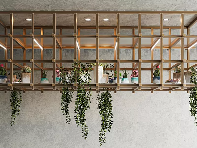 Garden Decor With Wooden Frame Flower Pots Hanging Green Plants Gray Wall And Top Lighting 3d model